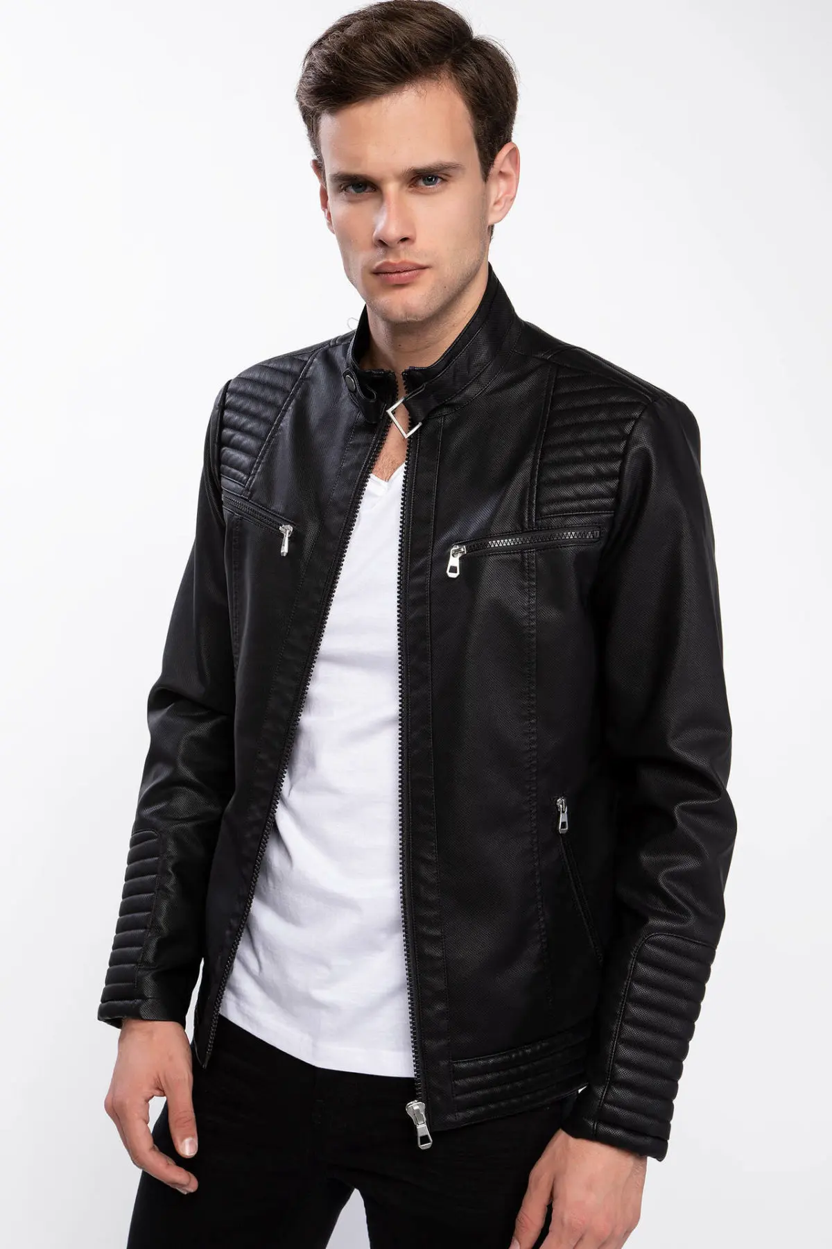 DeFacto модные мужские теплые куртки из искусственной кожи с воротником стойкой