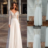 merryu bohemian 2020 chiffon beach wedding dresses long sleeve v neck lace bridal dress wedding gowns arabic robe de mari%c3%a9e
