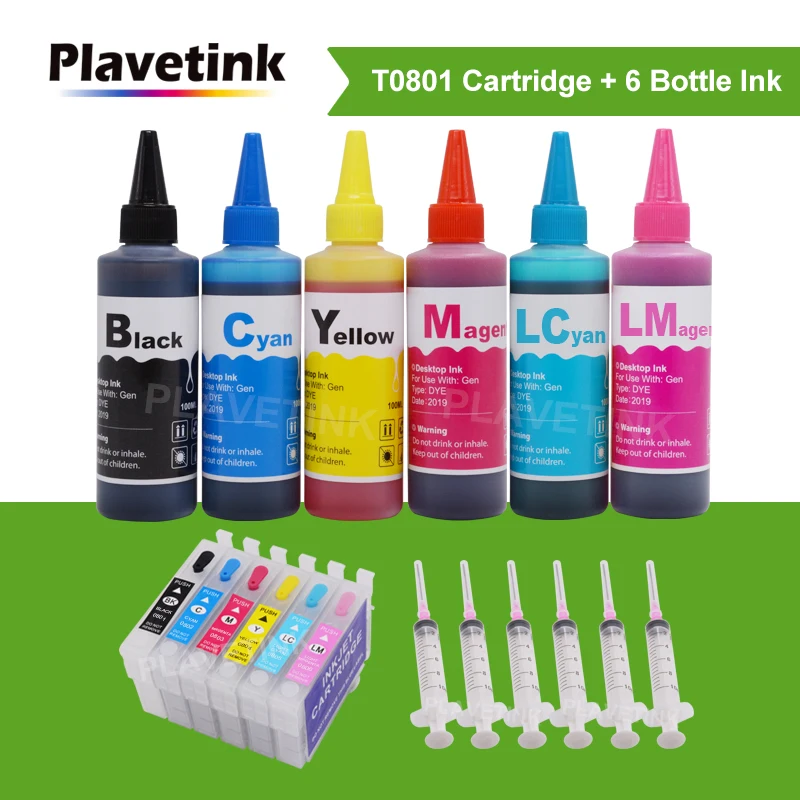 Plavetink 6 цветов T0801 многоразовый картридж + × 100 мл наборы чернил для Epson PX650W 660 700 Вт 710