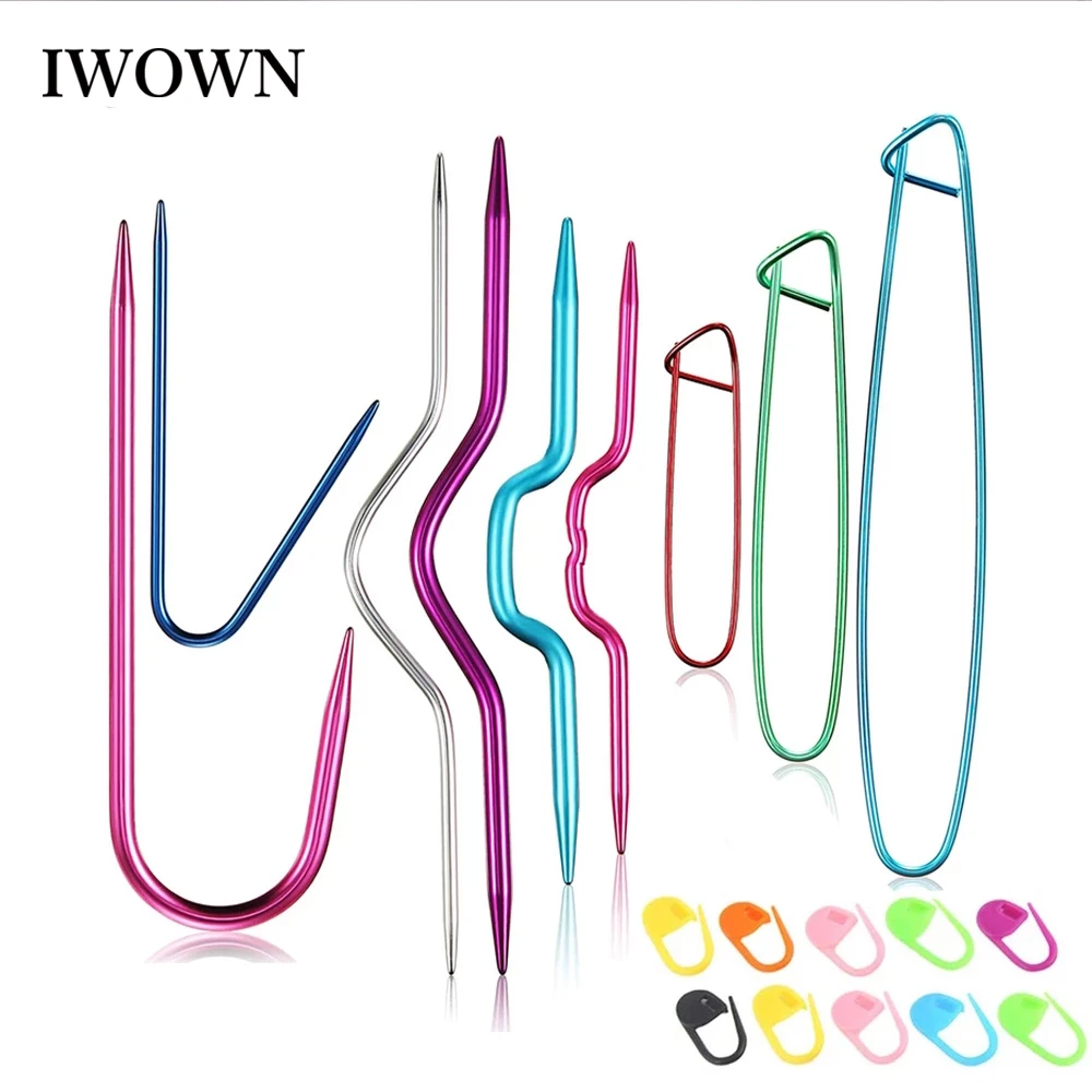 

9PCS Aluminum Knitting Needles Cable Stitch Holder Safety Pins Brooch Weaving Yarn Needle & 10Pcs Stitch Markers Sewing Tools