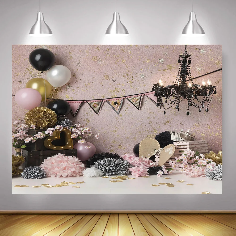 

Фон для фотосъемки новорожденных детей с изображением портретов воздушные шары цветы розовые стены Дети День рождения декорация для фотос...