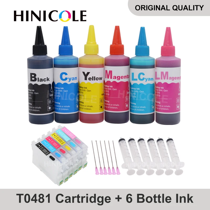 HINICOLE 6Color Dye Ink Cartridge For Epson T0481 XL Stylus Photo R200 R220 R300 R300M R320 R340 Printer + Bottle Ink Kits 600ml