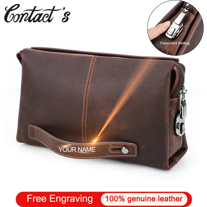 Contact's Business Men Clutch Bag Large Capacity Crazy Horse Leather Long Purse Phone Pouch Passcard Pocket Leather Men Wallet