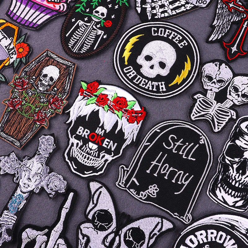 

Punk Skull Patch Iron On Patches On Clothes Stripe Badges Embroidered Patches For Clothing DIY Patch Thermoadhesive For Clothes