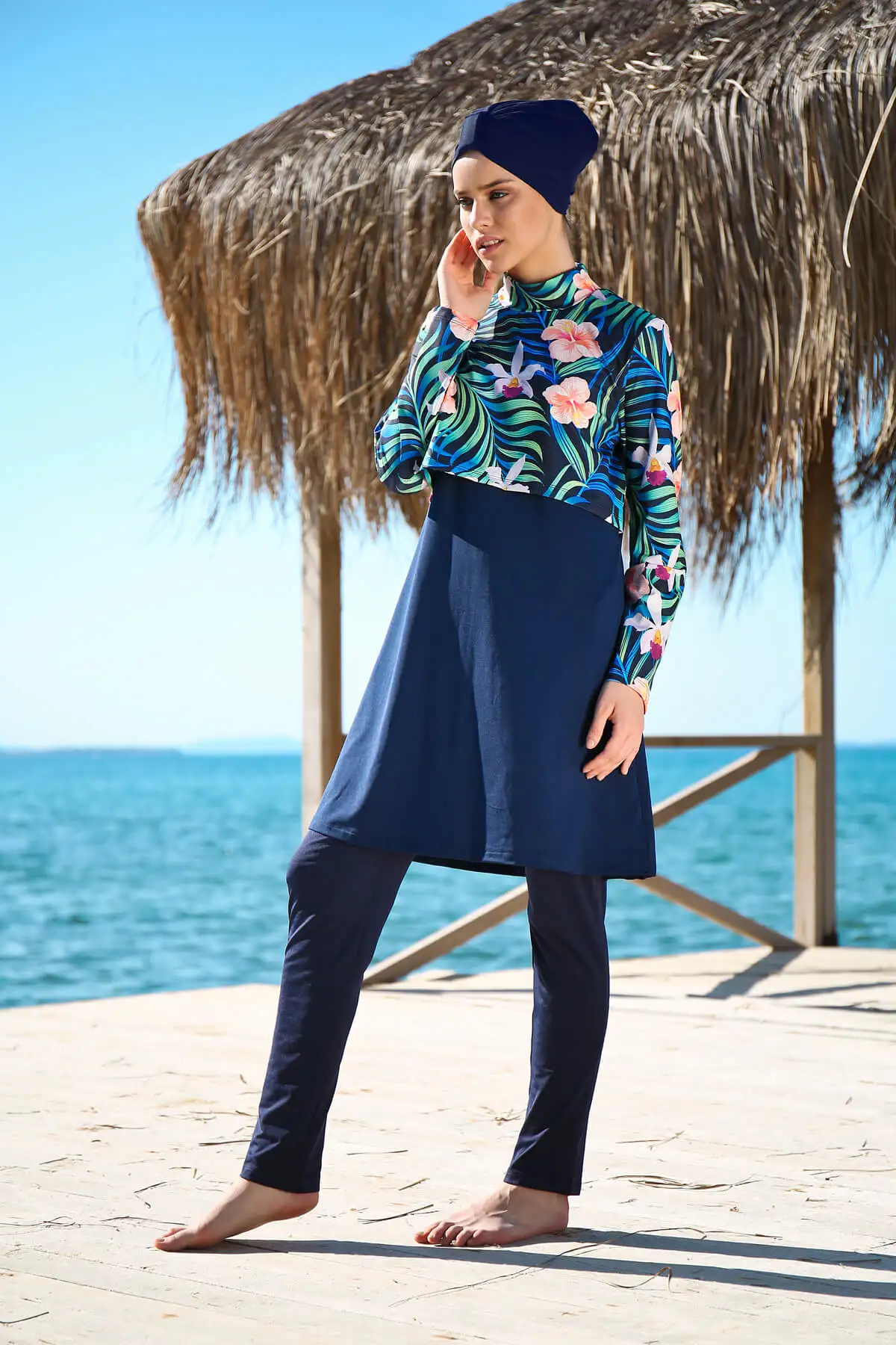 

Navy blue Floral Design Full Off Hijab Swimwear 4'l Set Marina Swimwear 1971 Navy Blue Jowl Game 2021 Spring Long-Sleeve Top Women's bluz