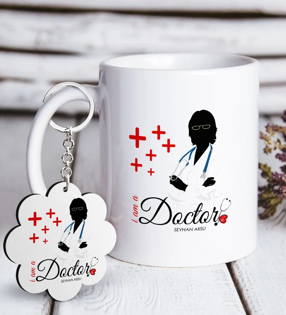 

Personalized Professional Doctor White Mug and Keychain Gift Seti-1