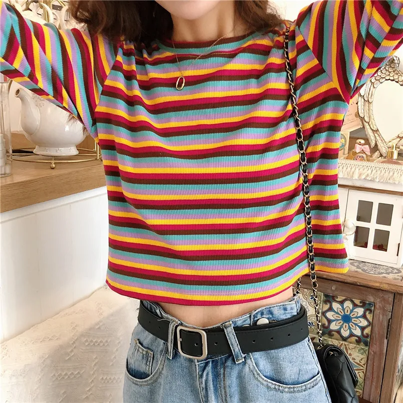 2019 Korean Harajuku Kpop Contrast Color Stripe Stretch Slim Round Neck Long-sleeved Sweater | Женская одежда