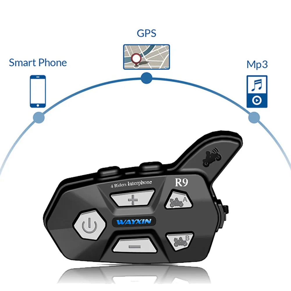 WAYXIN шлем гарнитуры 1500 м 4 всадника говорящий в то же время Bluetooth домофон для мотоцикла R9 Fm 1 шт домофон мотоцикл