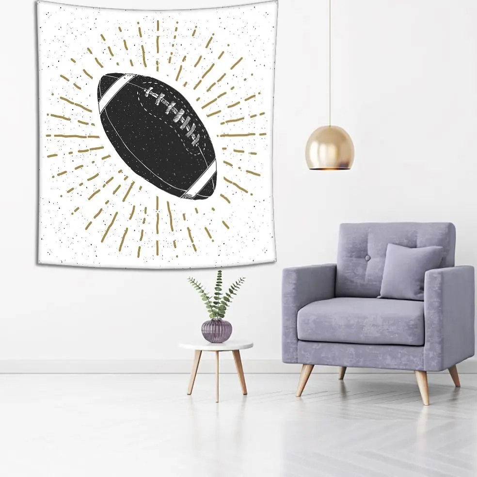Tapestry Shining Football Rugby Ball Vintage Hand Drawn Sketch Retro Style Art Printed Black White Gold | Дом и сад