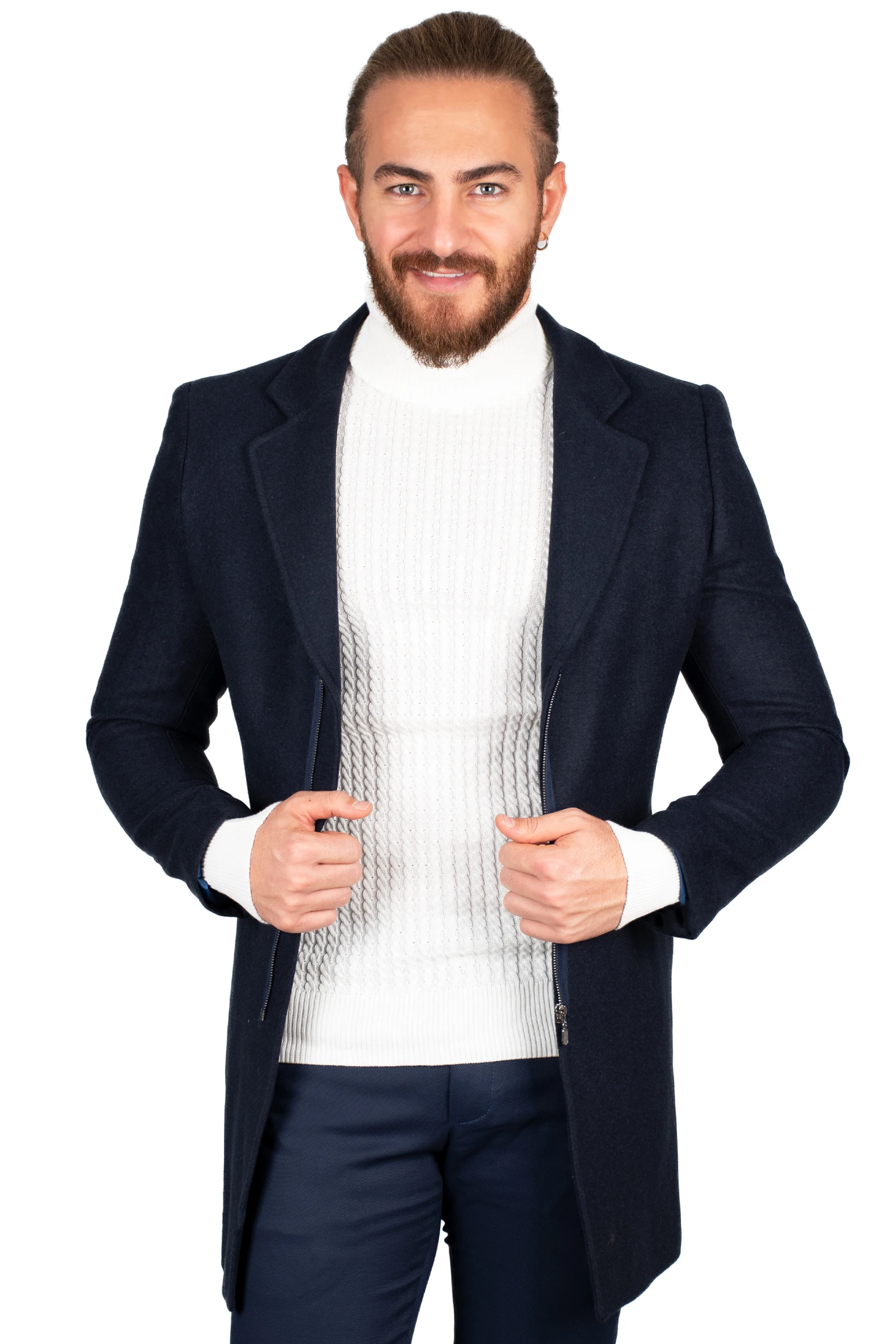 

DeepSEA Male Navy Blue Luxury Sports Stamp Coat Overcoat Tight-Fitting Mould Front Zipper Hot Casual Autumn Winter Italian Style Long Coat 2002185