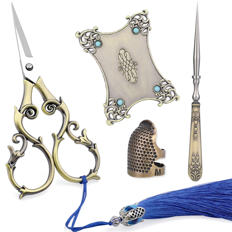 SHWAKK-Kits de tijeras de sastre para bordar, tijeras Retro, costura, costura, hilo, con dedal y borla