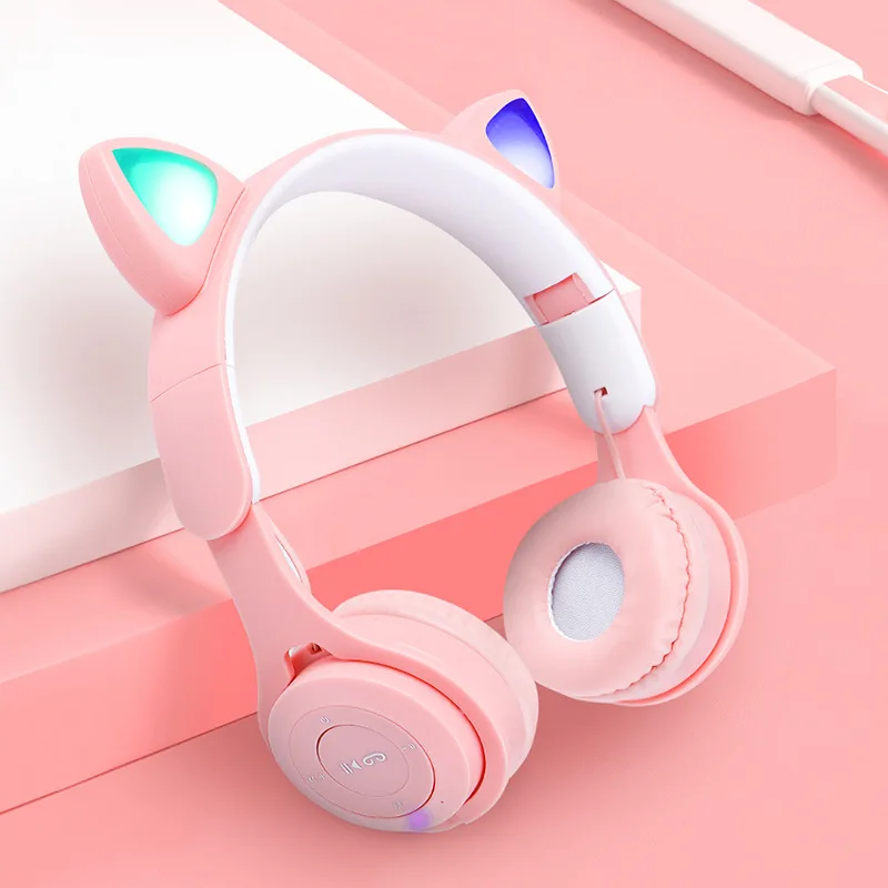 

LED Lights Cat Ears Cute Style Wireless Bluetooth Headband Game Headphone For Girls Gift Colorful TF Card 5.0 Headset With Mic
