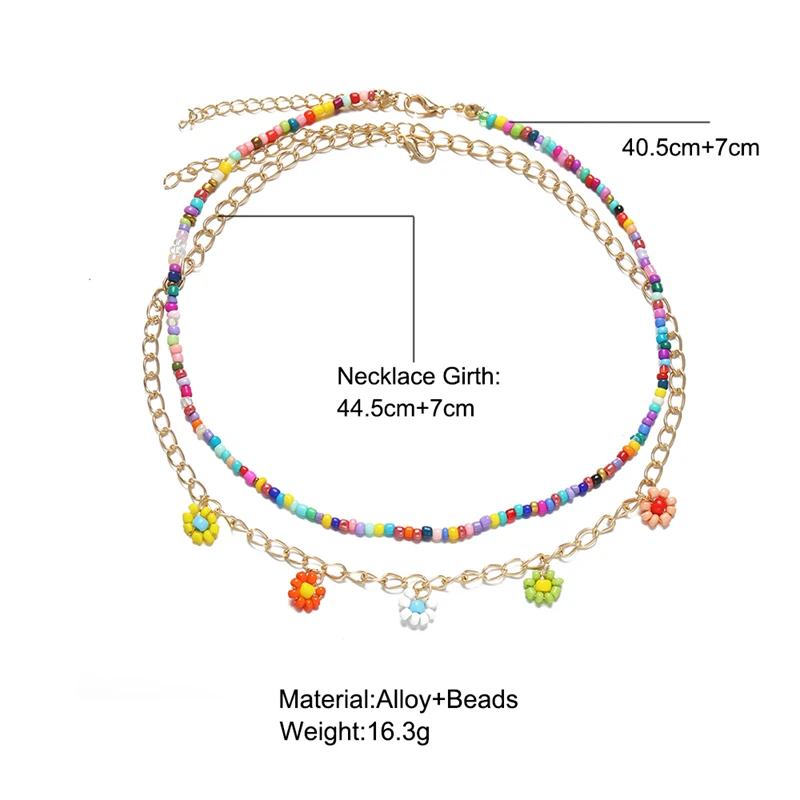 

2 Pcs Bohemian Multicolor Beaded Chain Necklaces For Women Boho Gold Color Metal Chain Handmade Beads Flower Necklace Jewelry