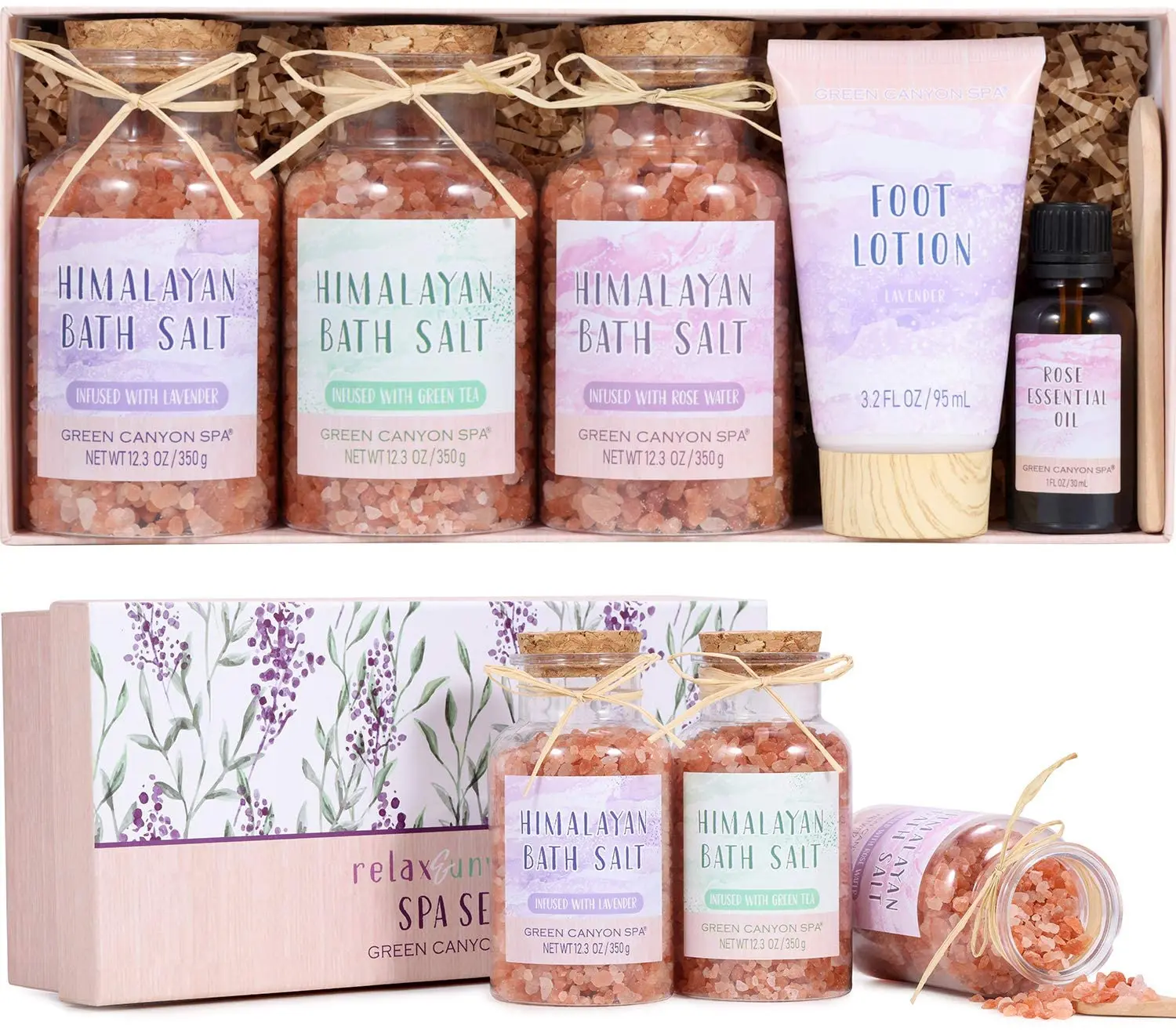 Himalayan Bath Salt Gift Set w/ Essential Oil & Moisturize Foot Lotion, Body & Foot Soak for Cleanse, Revitalize Soothes Skin