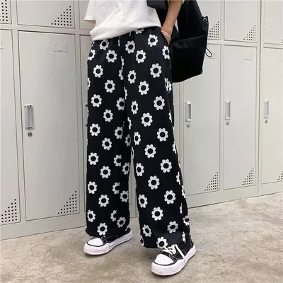 black New Summer Daisy Flower Print Pants Korean Version Harajuku Style Loose Pants Full Length Pants Streetwear Wide Leg Pants - Цвет: black