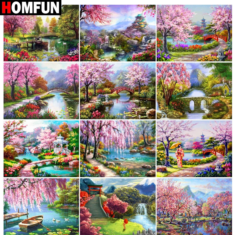 

Картина из квадратных и круглых страз HOMFUN, 5D алмазная живопись, экологичные поделки, полная Алмазная вышивка, «Пейзаж цветущего персика», до...