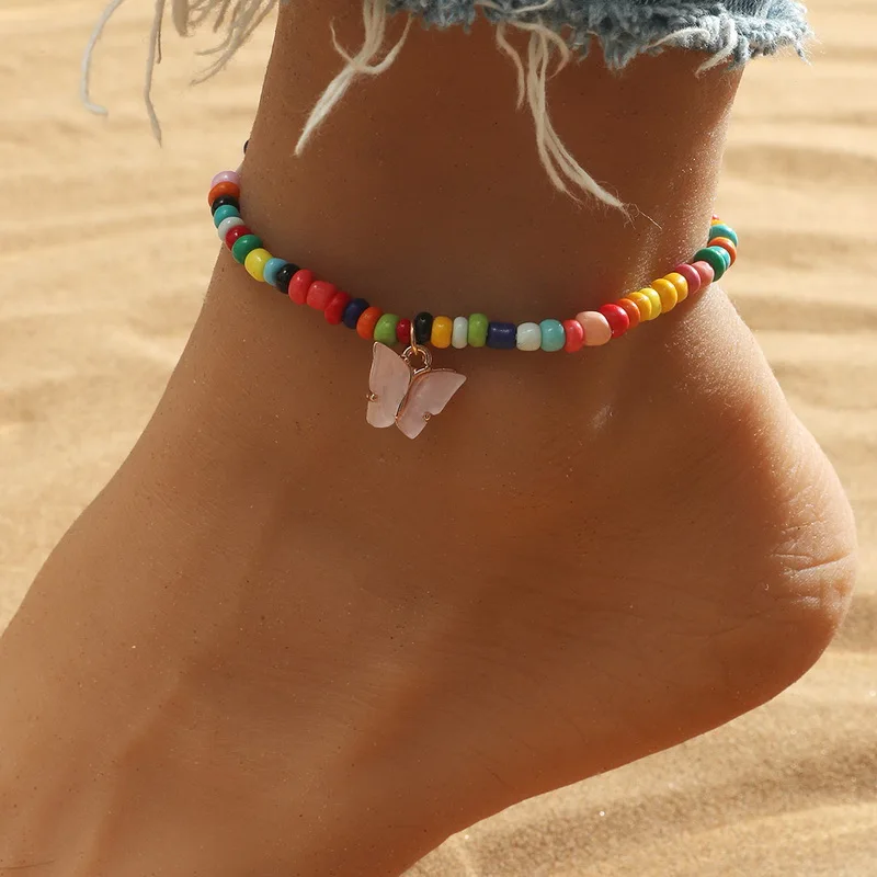 

Colorful Rice Bead Anklet Fashion Handmade Pink Butterfly Anklets For Women Girl Beach Accessories Insect And Animal Jewelry