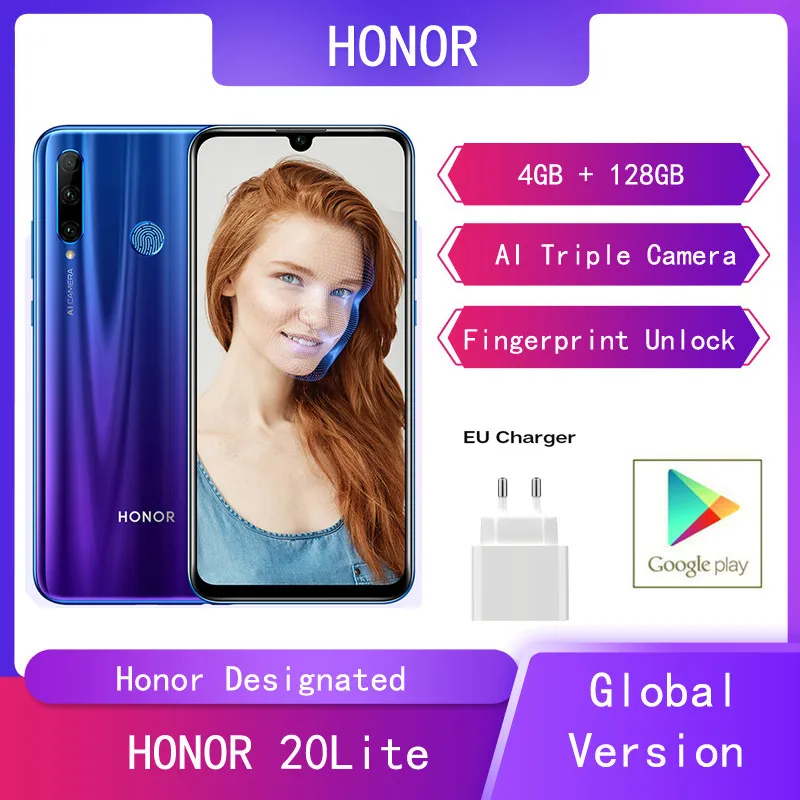 Глобальная версия Huawei Honor 20 Lite 4G + 128G смартфон AI Camera Face Fingerprint Unlock 6 21 &quotHonor