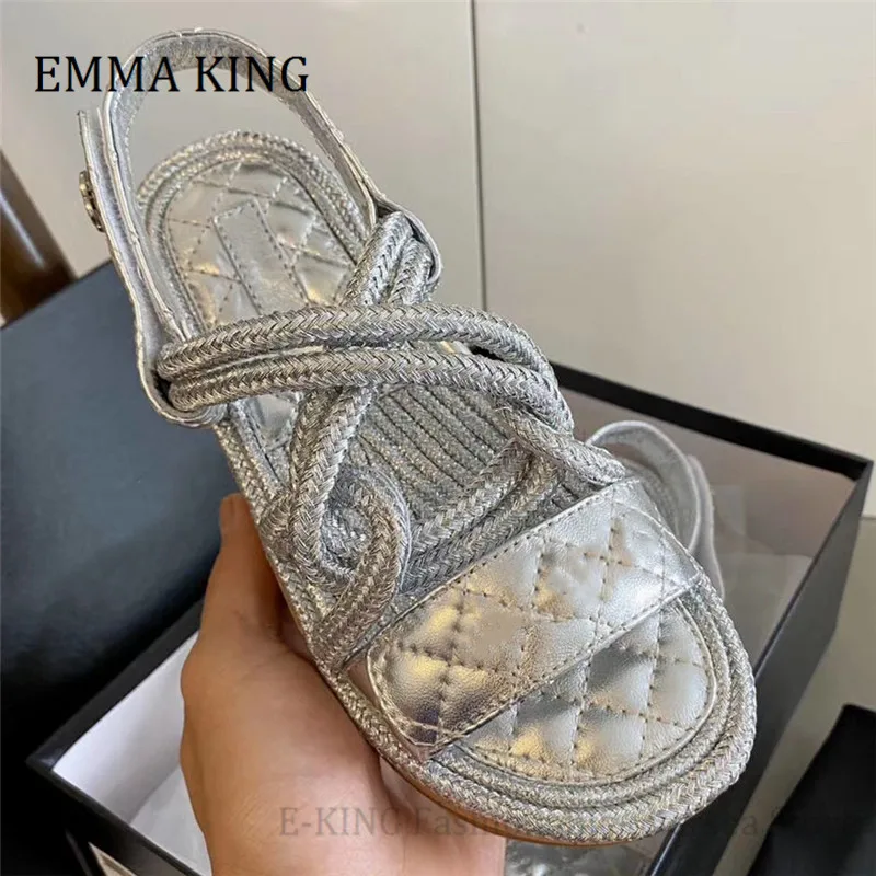 

2021 Summer Women Dad Flat Sandals Cream Leather Quilted Rope Mule Slide Strap Sandals Mixed Color Casual Women Beach Sandals