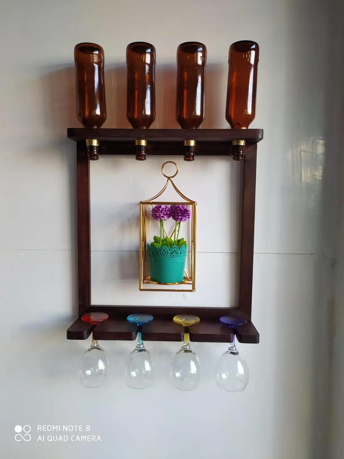 

Gold Metal Candle Holder Candlestick Wall Mount Bar Wine Whiskey Beer Bottle Rack Artificial Rose Flower