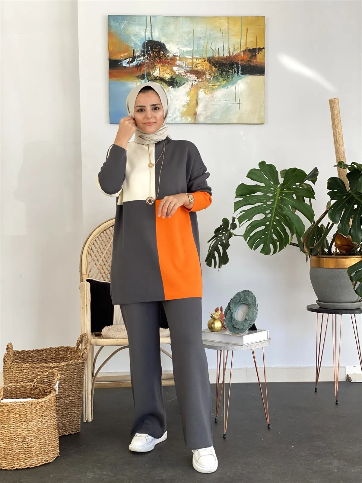

Steel knitted women's twinset 2022 new season winter autumn tunic and trousers hijab suit Muslim fashion women bottom and top