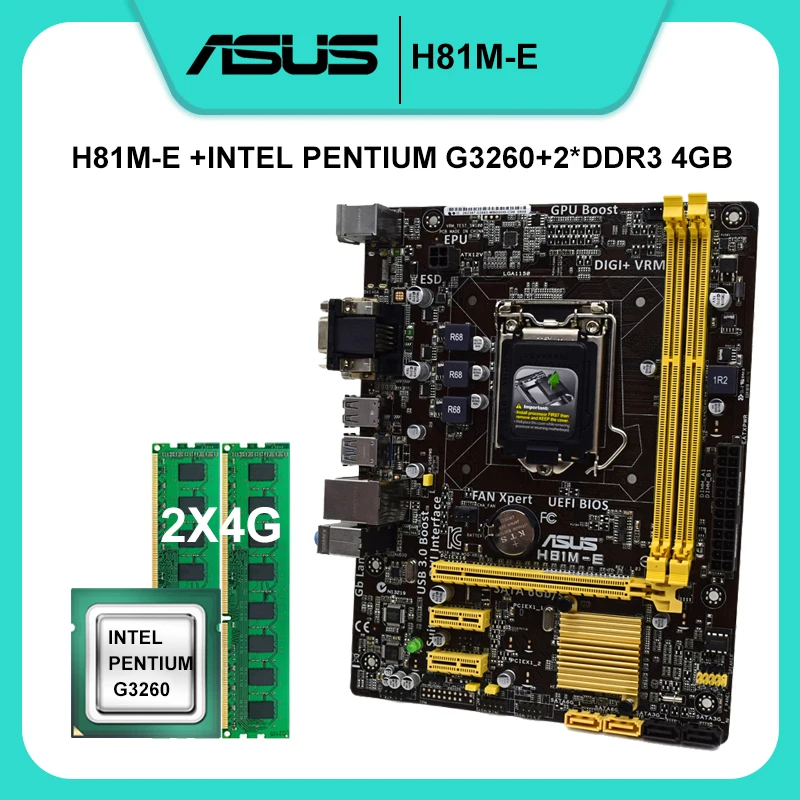 

Intel H81 Motherboard kit ASUS H81M-E 1150 Motherboard set with Intel Pentium G3260 cpus and 2X DDR3 DIMM 4G PCI-E 2.0 USB3.0