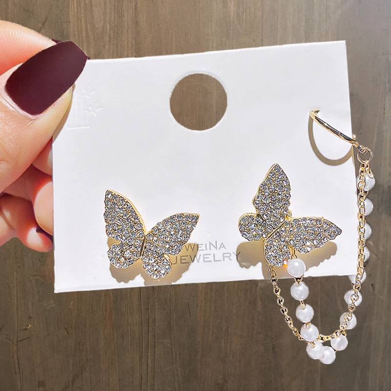

New Fashion Asymmetry Butterfly Rhinestone Drop Earring For Women Imitation Pearl Chain Earring Charm Jewelry Gift