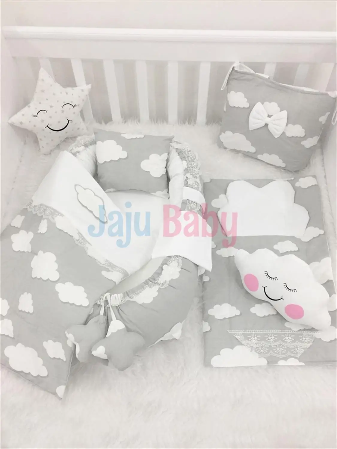 Jaju Baby Handmade Gray Cloud Design Orthopedic Luxury Babynest 8 Piece Set Baby Bedding Mother Side Portable Baby Bed