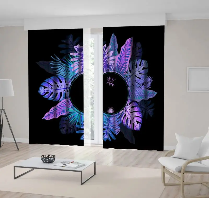

Curtain Tropical Summer Pattern with Coconut Palm Banana Leaves Frame Circle Decorative Art Black Blue Purple