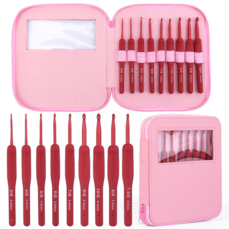 

TPR 9pcs Red Crochet Hooks Set With Silicone Handle Knitting Needles Tools With PU Pink Bag 2.0mm To 6.0mm Sizes