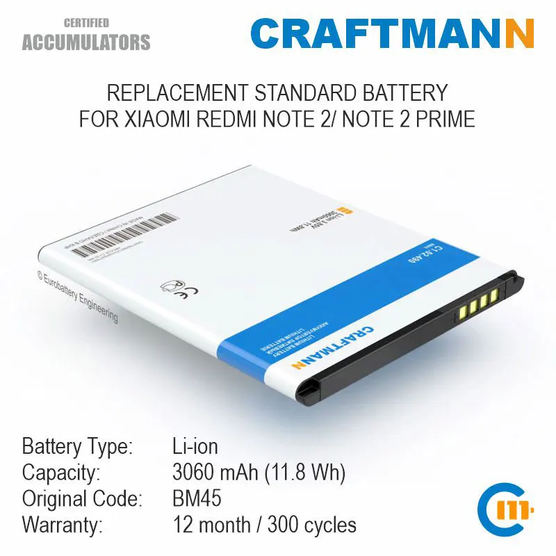 

Craftmann Battery for Xiaomi REDMI NOTE 2/NOTE 2 PRIME (BM45)