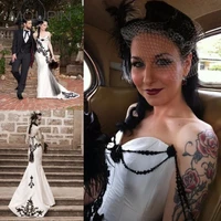 mqupin black lace white satin mermaid wedding dresses sweetheart gothic bridal gowns beaded vestidos novia robe de mariage a120