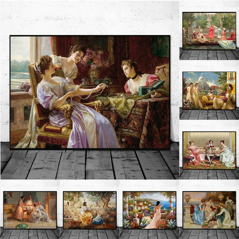 

Vintage Court Noble Woman Oil Painting On Canvas Antique Old Time Art Poster And Prints For Living Room Retro Picture Home Decor