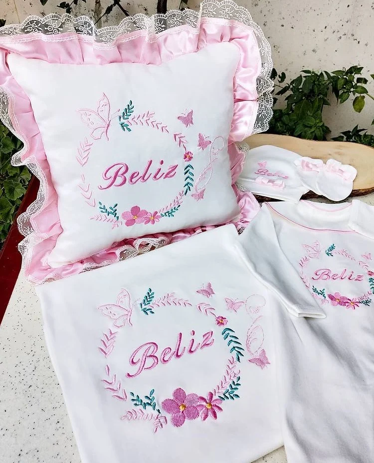 

Jaju Baby Handmade, Frilly Butterfly And Name Embroidered Baby Newborn Set
