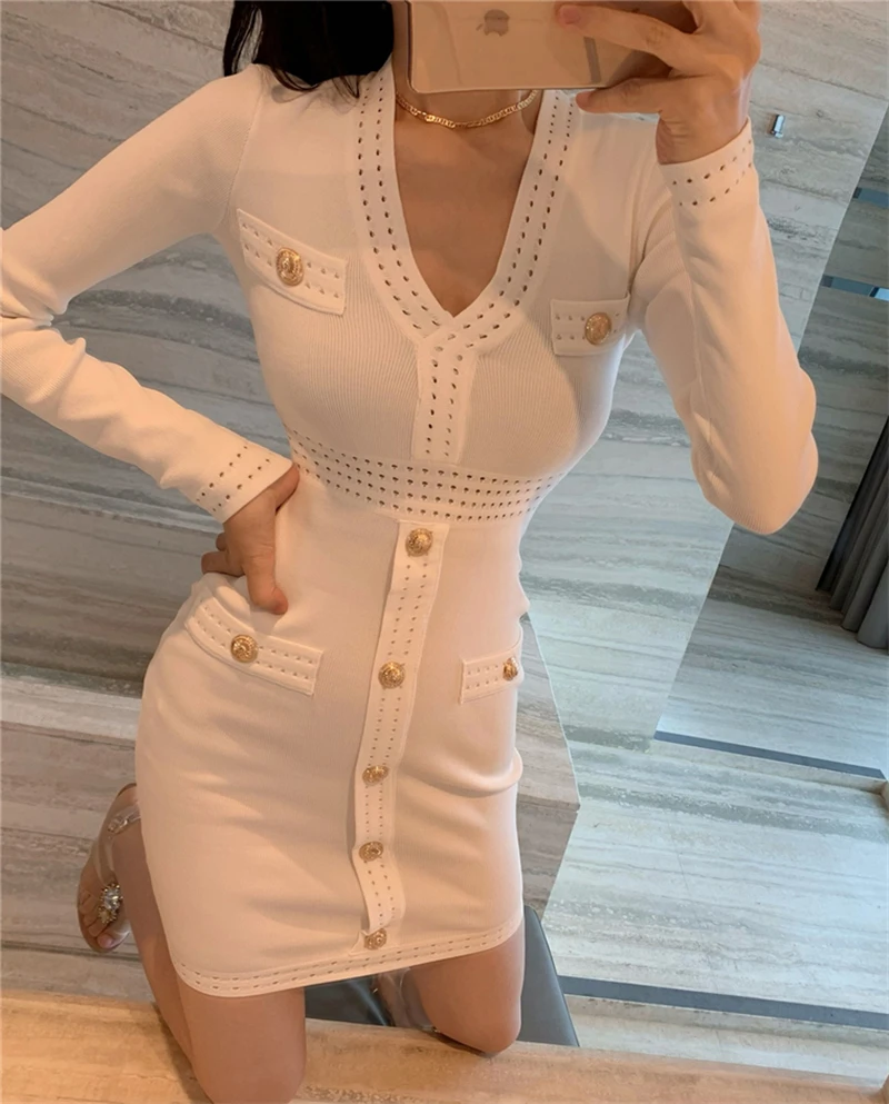 Женское осеннее элегантное мини-платье-трапеция с V-образным вырезом однобортное