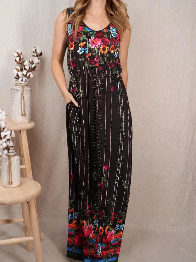 

Женское платье макси без рукавов, повседневное ТРАПЕЦИЕВИДНОЕ ПЛАТЬЕ до пола с цветочным принтом, карманами и круглым вырезом, лето 2022