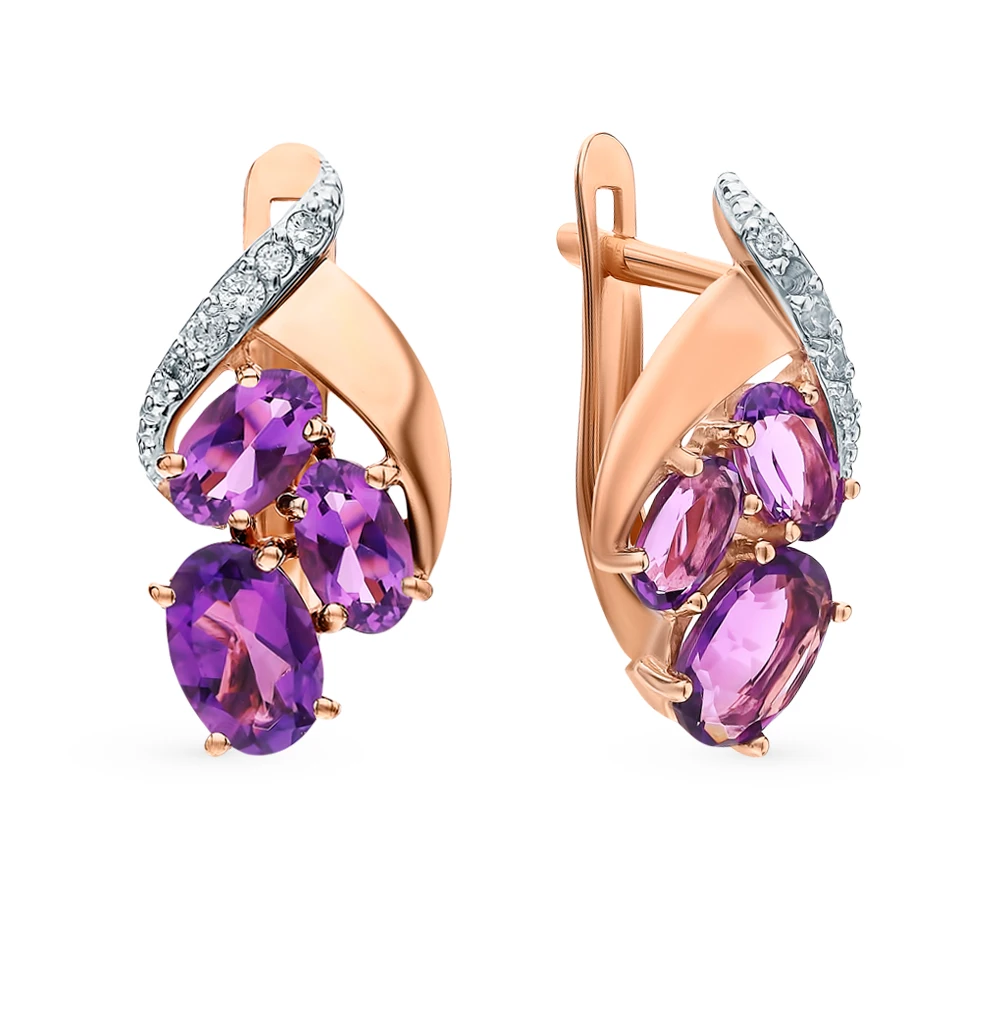Золотые серьги с аметистом и фианитами SUNLIGHT проба 585|Серьги-клипсы| |