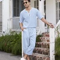summer cotton linen shirt set mens casual outdoor 2 piece suit andhome clothes pajamas comfy breathable beach short sleeve sets