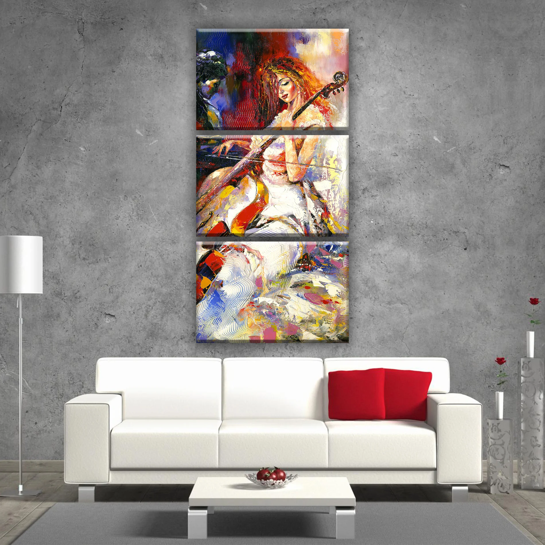 Трехмодульная вертикальная картина на холсте. Рыжая девушка играет скрипке. -