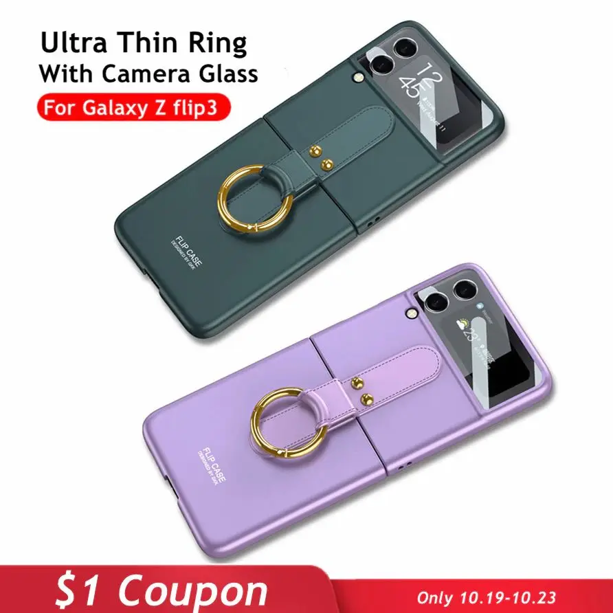 

For Samsung Galaxy Z Flip 3 Case for Samsung Z Flip3 5G Phone Case Finger Ring Stand with Tempered Glass Lens Protect Cover
