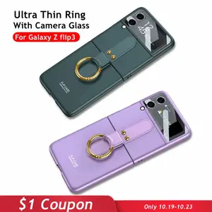 for samsung galaxy z flip 3 case for samsung z flip3 5g phone case finger ring stand with tempered glass lens protect cover free global shipping