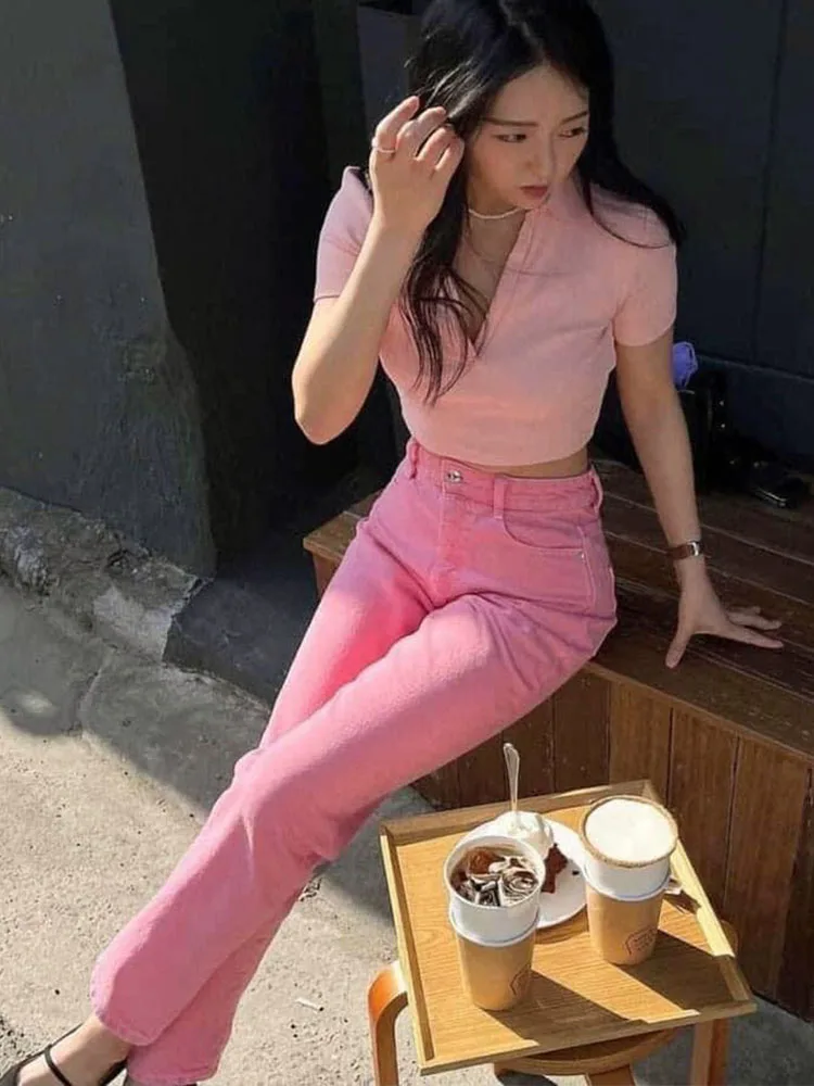 

Zach AiIsa Spring New Women's Sweet Pink Temperament Casual Pockets Decorative Straight Loose Comfort Fit High Waist Jeans