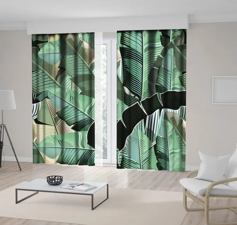 

Curtain Banana Leaves Rustic Country Style Decorative Realistic Illustration Green Beige Black