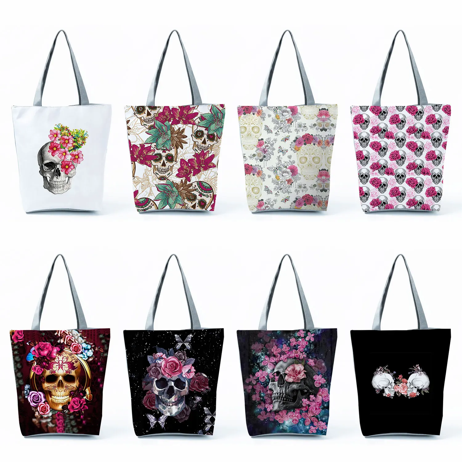 

Customized New Trend Halloween Fear Pattern Handbags Cool Fashion Floral Skull Print Women Tote Hipster Portable Shopping Bags