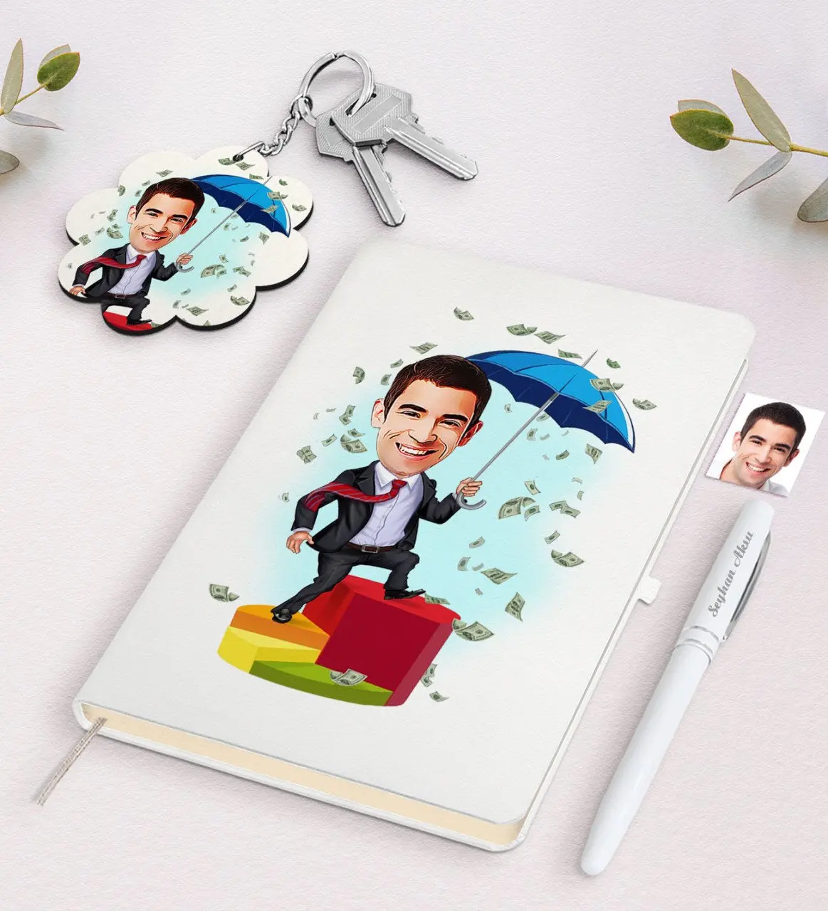 

Personalized Men 'S Banker Caricature Of White Notebook pen And Keychain Gift Seti-3 Reliable Quality Gift Casual design
