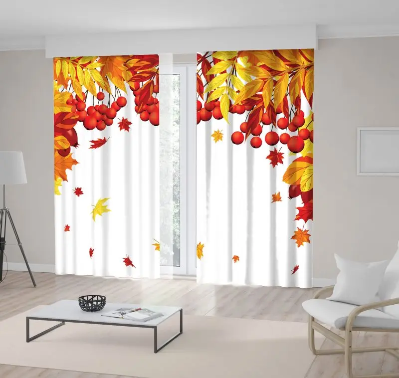 

Curtain Autumn Maple Leaves with Frame and Berries over White Background Bright Colors Fall Season Art Gold Red