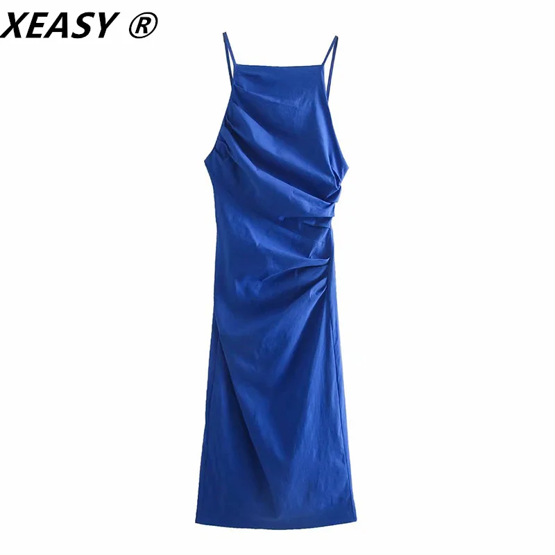 

Женское Плиссированное Платье-миди XEASY Za, голубое длинное платье без рукавов, с открытой спиной и рюшами, пикантные вечерние платья, лето 2021