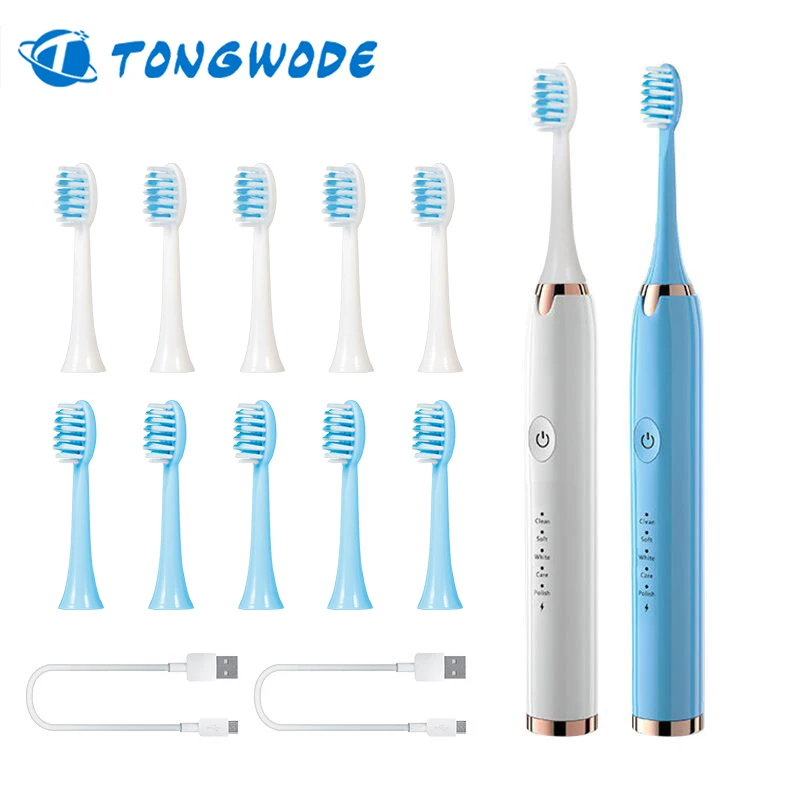 

TONGWODE 2 Sets Ultrasonic Electric Toothbrush IPX7 Waterproof for Adults USB Charge Rechargeable 6 Brushes Replacement Heads