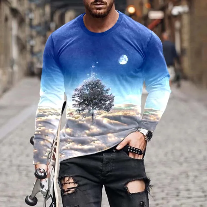 

Осень-лето 2021, футболка с длинным рукавом, новинка, Мужская Уличная Модная Тонкая футболка с 3d-цифровым принтом, рубашка, Топ