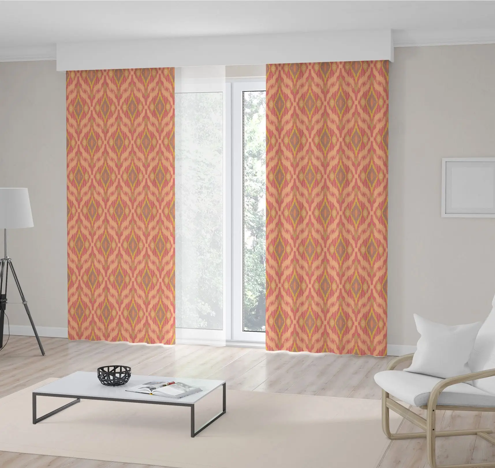 

Curtain Ethnic Folk Decorating Ogee Ikat Pattern in Yellow Green Pink Pastel Colors Boho style